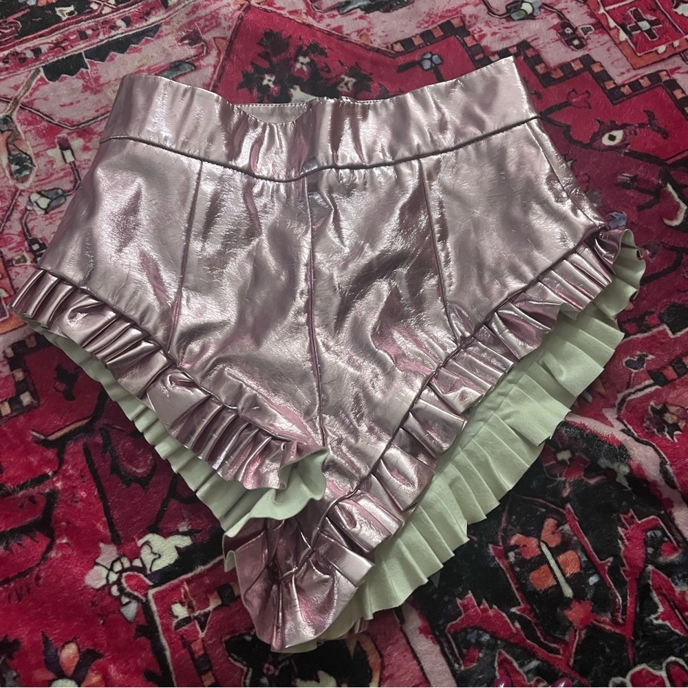 Metallic Pink Ruffle Women Shorts
